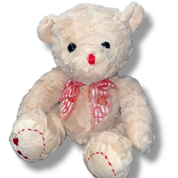 Goffa Teddy Bear Plush 11" Heart Bow Ribbon Embroidered Textured Nursery Toy - Picture 3 of 10